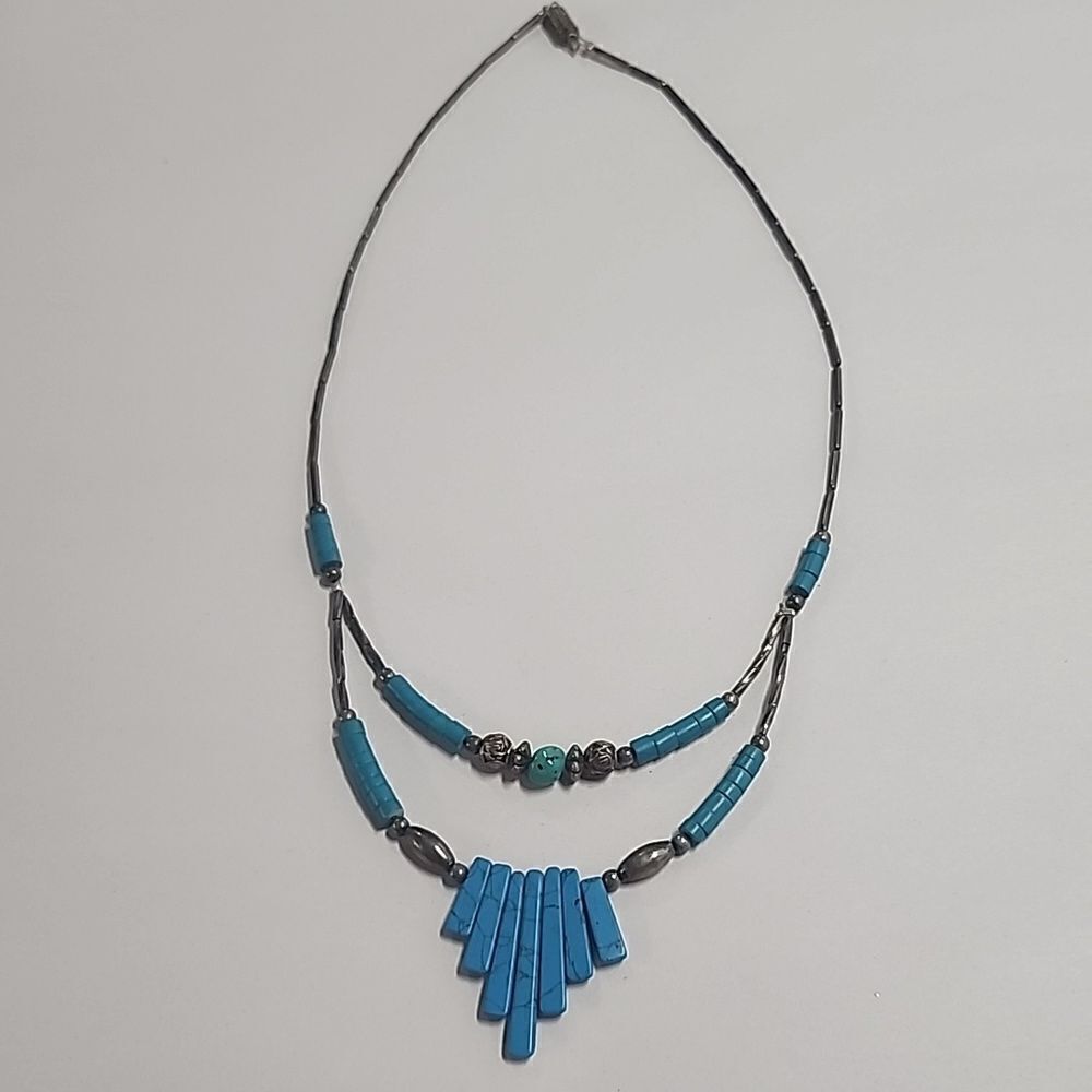 Silver Tone Southwestern Faux Turquoise Bib Dangles Necklace